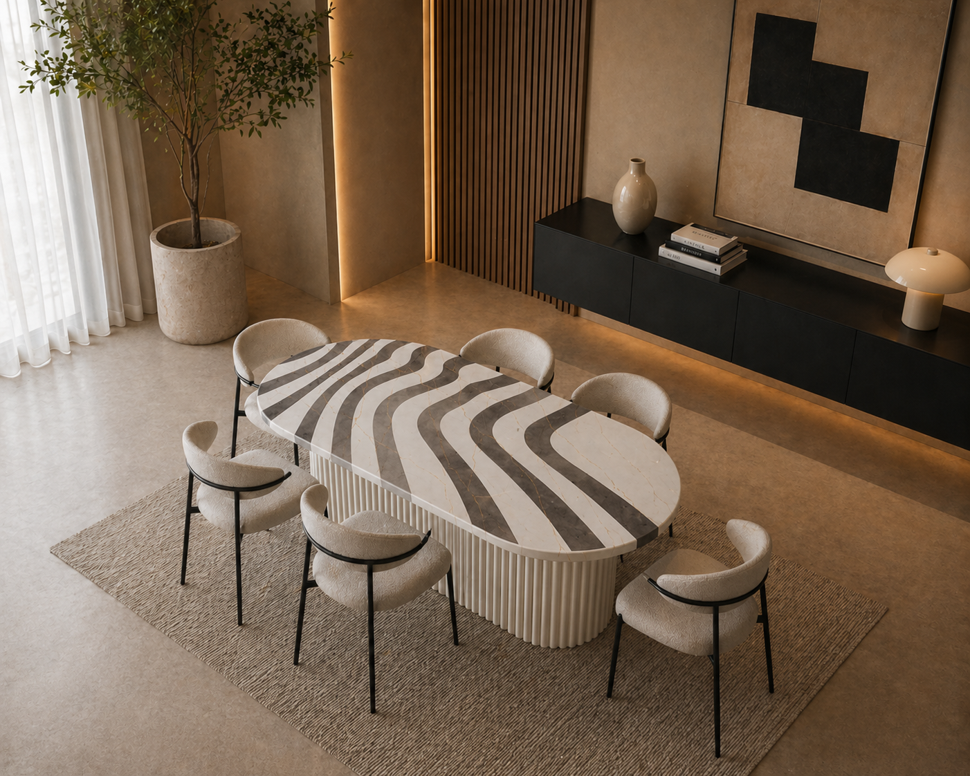Nerova Oval Dining Table - Inlay glacier side table v9