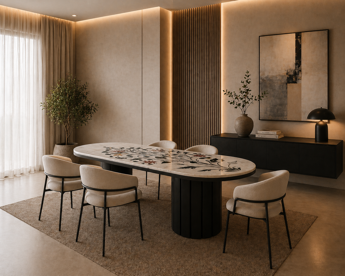 Nerova Oval Dining Table - Inlay glacier side table v8